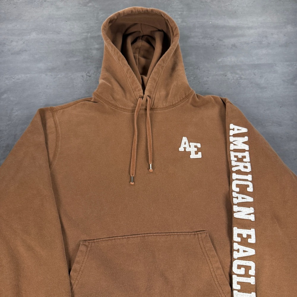 American Eagle Hoodie Mens Large Brown Spellout Logo Pullover Fleece Sweatshirt